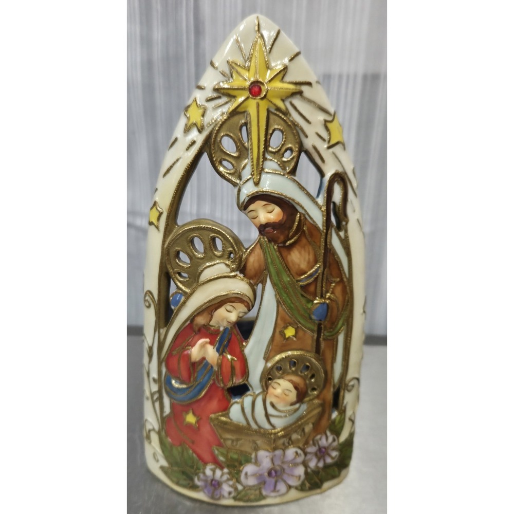 Roman Inc Cloisonne Holy Family Nativity Scene Jeweled Candleholder